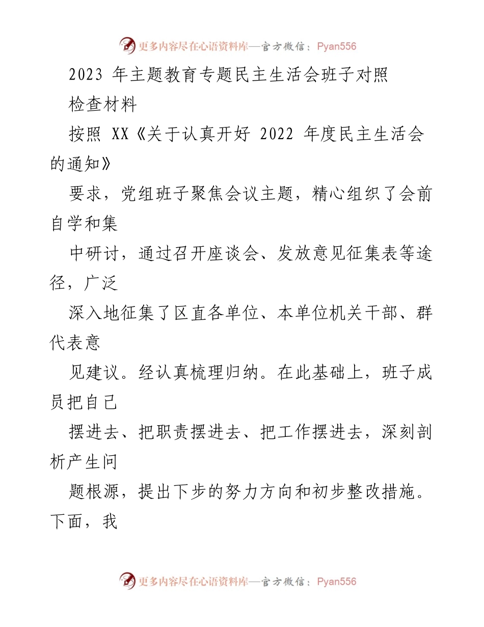 [对照检查材料] 主题教育专题民主生活会 - 班子对照检查及整改措施总结_1.docx_第1页