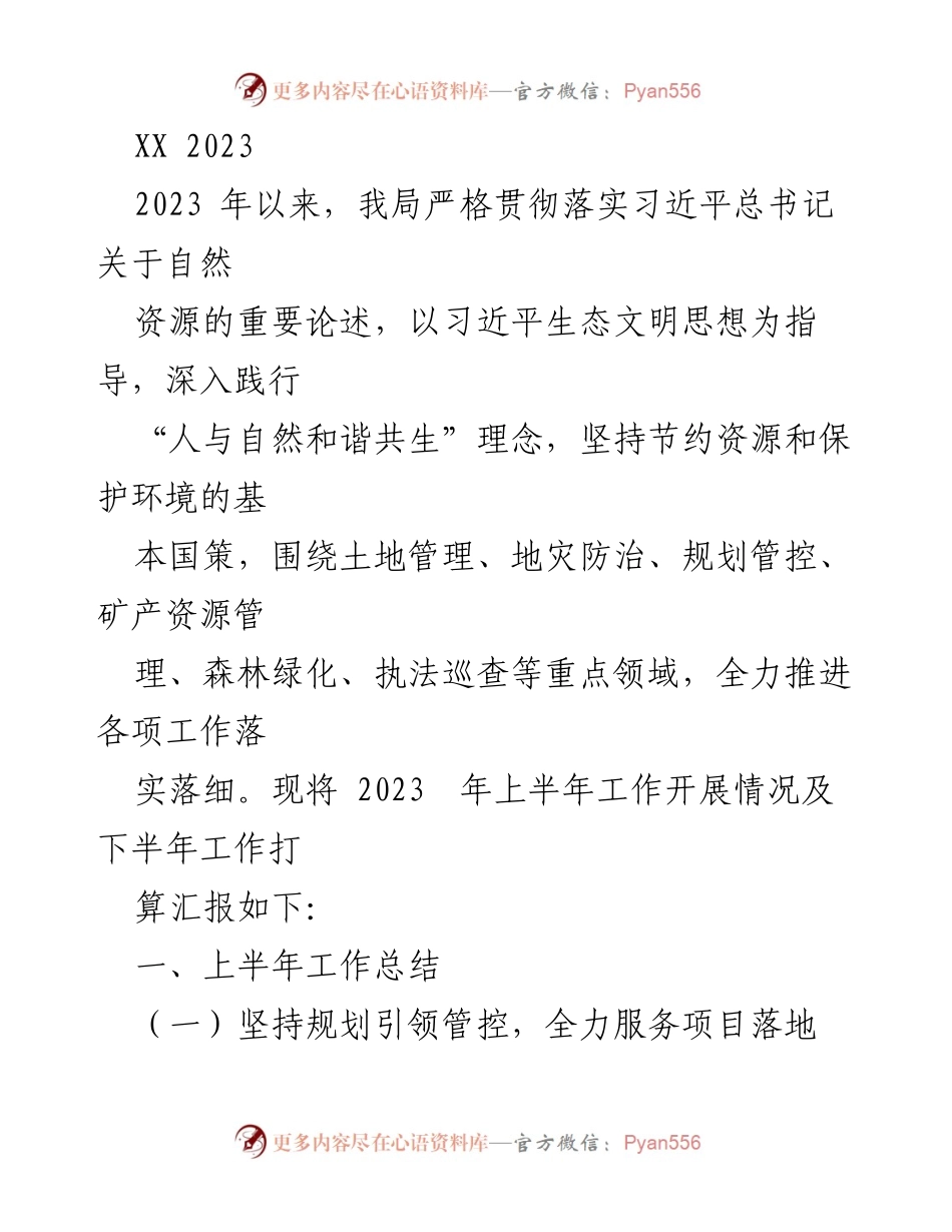 [工作总结] 上半年工作汇报 - 2023年自然资源管理工作总结与下半年计划.docx_第1页