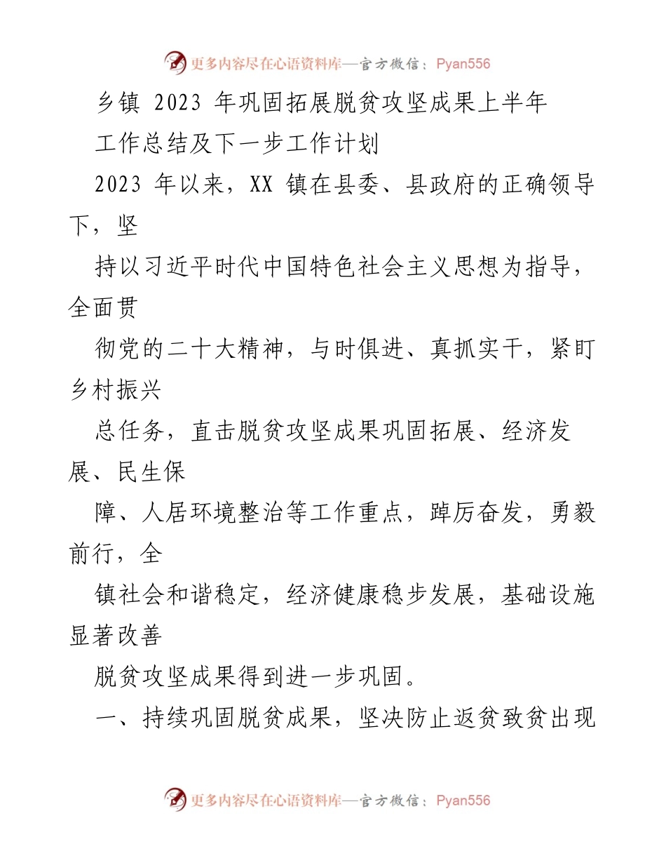 [工作总结] 乡镇 - 2023年上半年脱贫攻坚成果巩固与发展工作总结及计划.docx_第1页