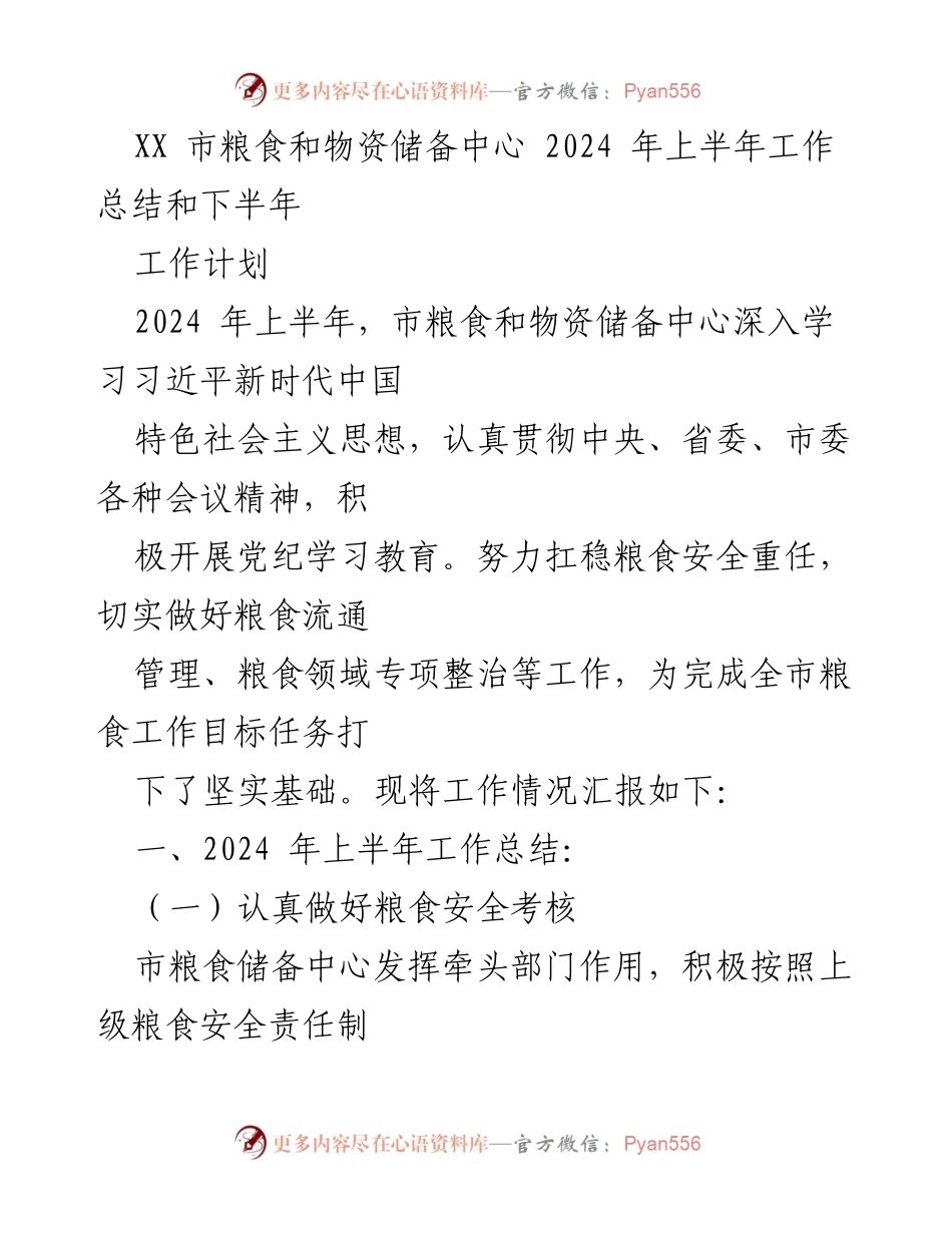 [工作总结] XX市粮食和物资储备中心 - 2024年上半年工作总结与下半年计划.docx_第1页