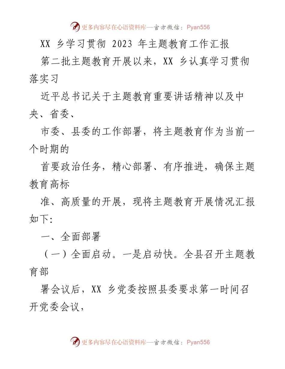 [工作总结] 主题教育 - XX乡2023年主题教育工作汇报.docx_第1页