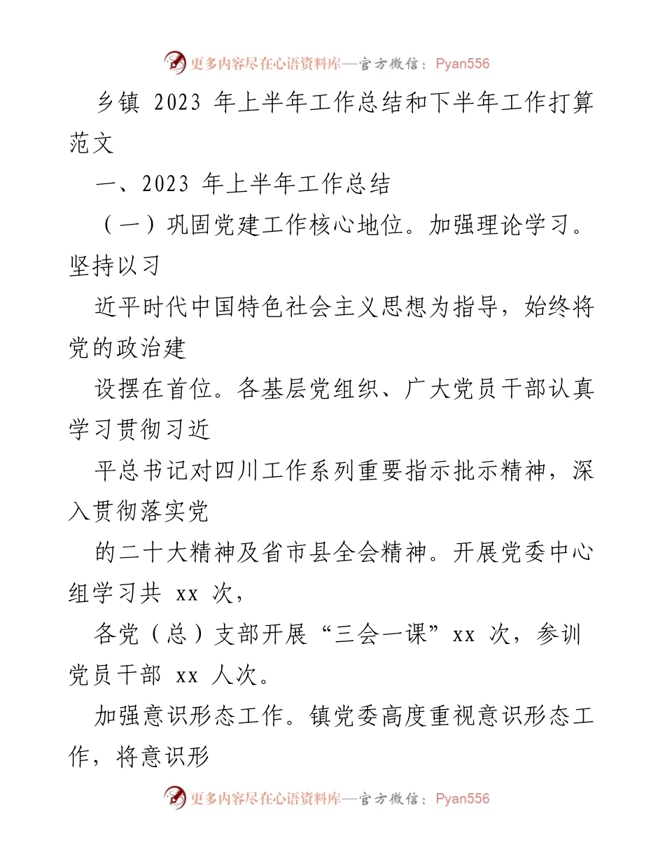 [工作总结] 乡镇工作 - 2023年上半年工作总结与下半年工作计划.docx_第1页