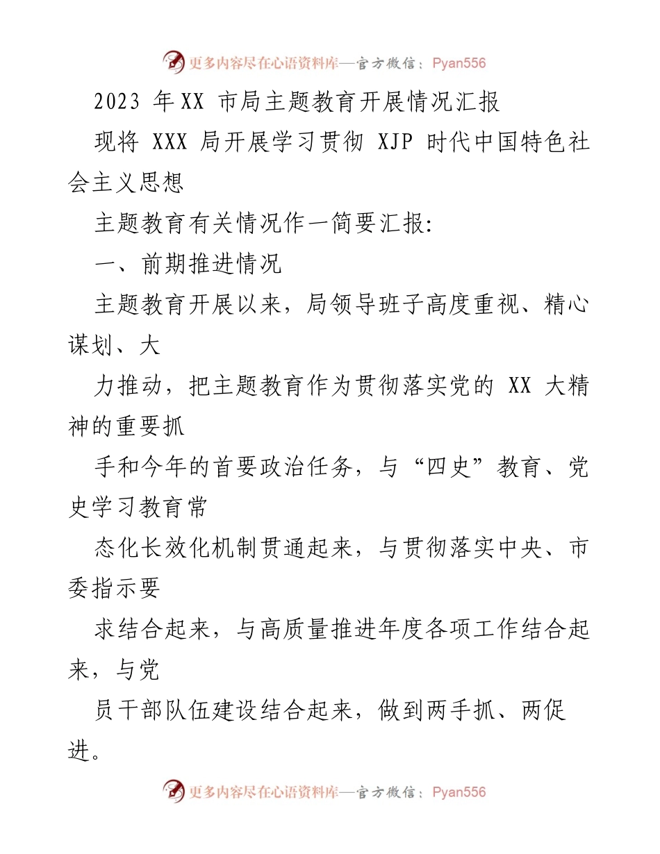 [工作总结] 主题教育开展情况 - 2023年XX市局主题教育实施情况汇报.docx_第1页