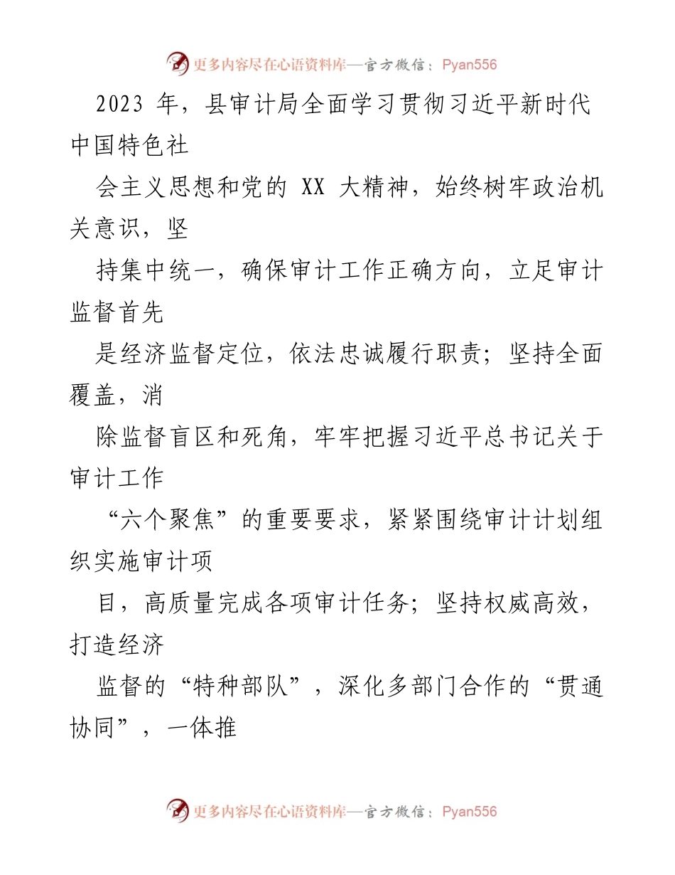 [工作总结] XX 县审计局 - 2023 年审计工作总结与成效分析.docx_第2页