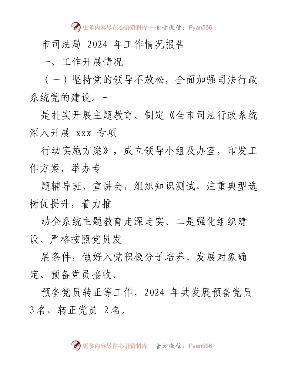 [工作总结] 2024年市司法局工作情况 - 2024年市司法局工作开展情况总结报告.docx_第1页