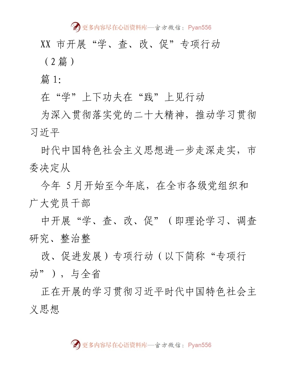 [工作总结] 专项行动 - XX市“学、查、改、促”专项行动实施方案及成效分析.docx_第1页