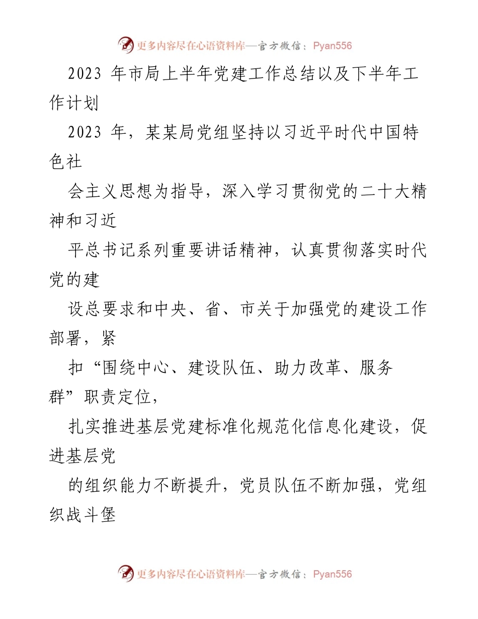 [工作总结] 上半年党建工作 - 2023年市局党建工作总结及下半年工作计划.docx_第1页