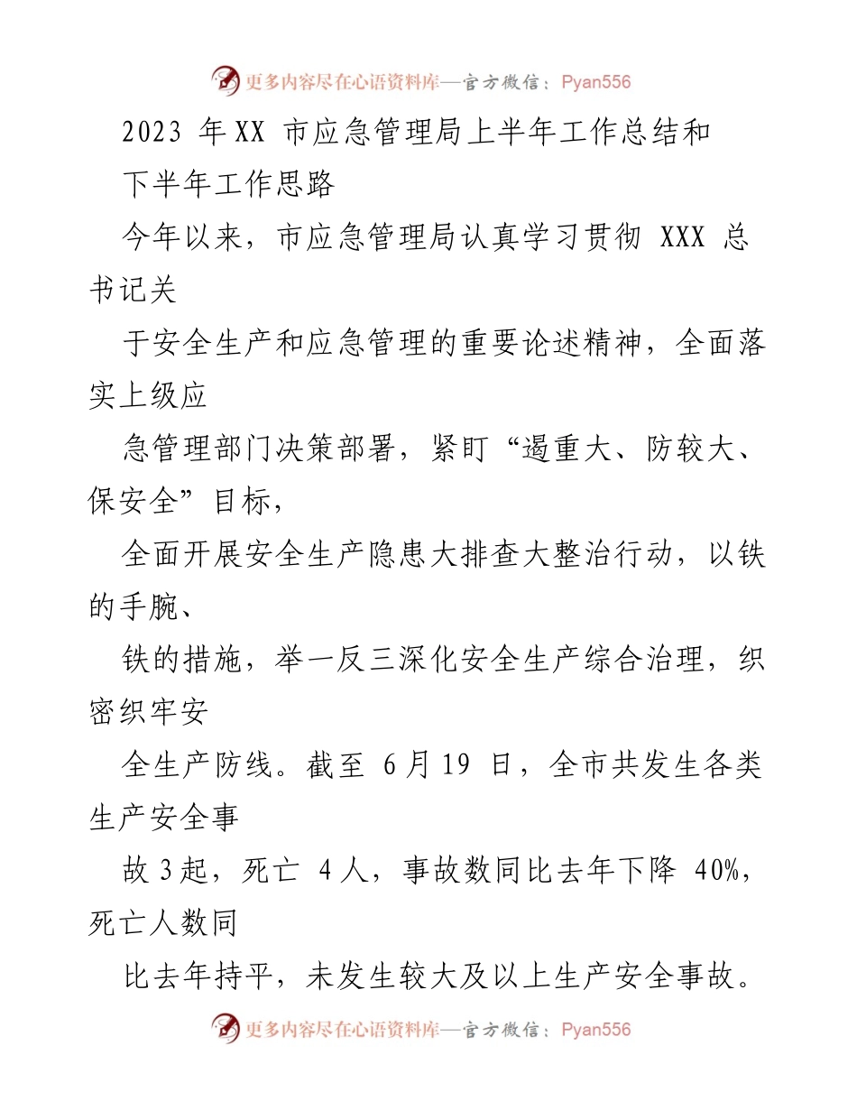 [工作总结] 上半年工作总结会议 - 2023年XX市应急管理局上半年工作总结与下半年工作思路.docx_第1页