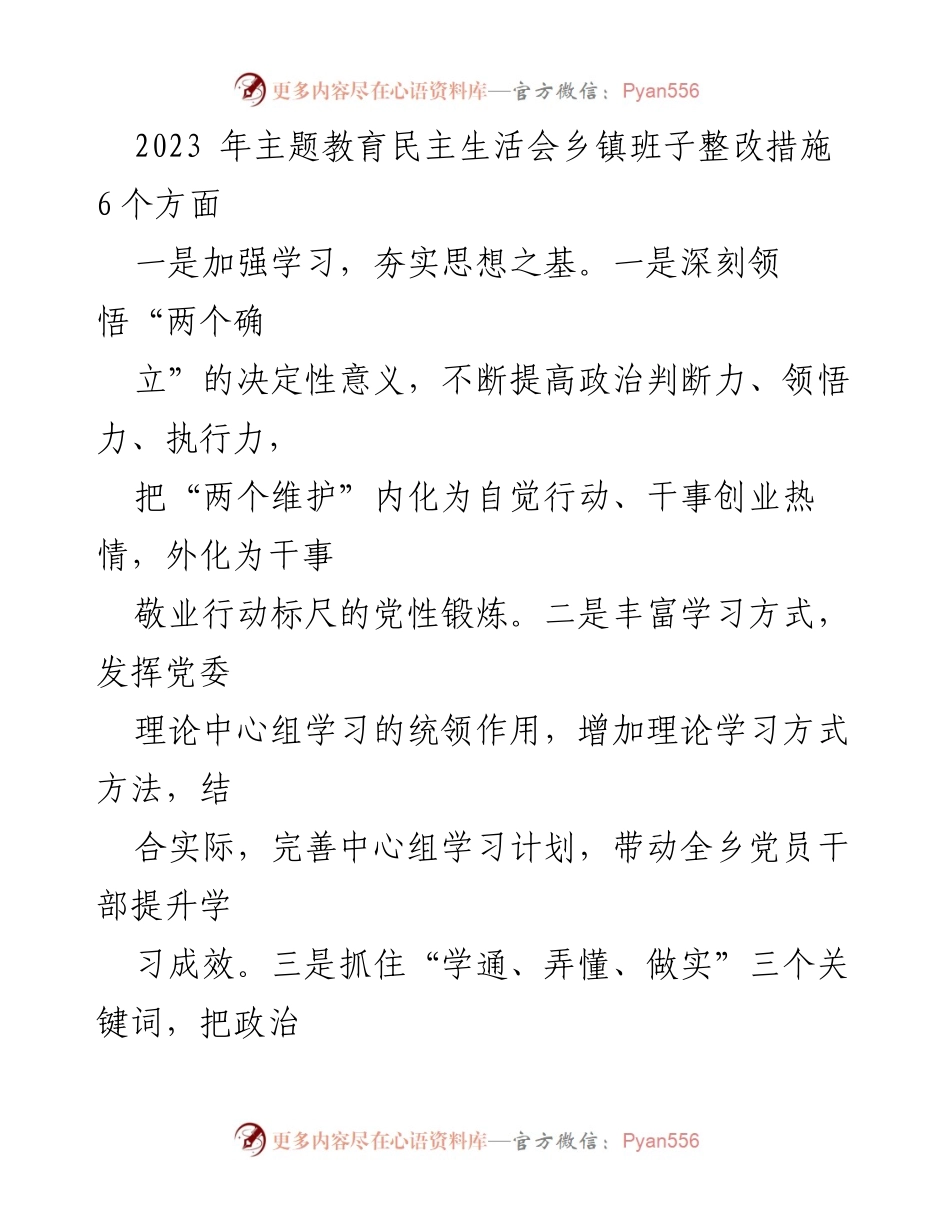 [工作总结] 乡镇主题教育民主生活会 - 乡镇班子整改措施与提升工作落实的策略.docx_第1页