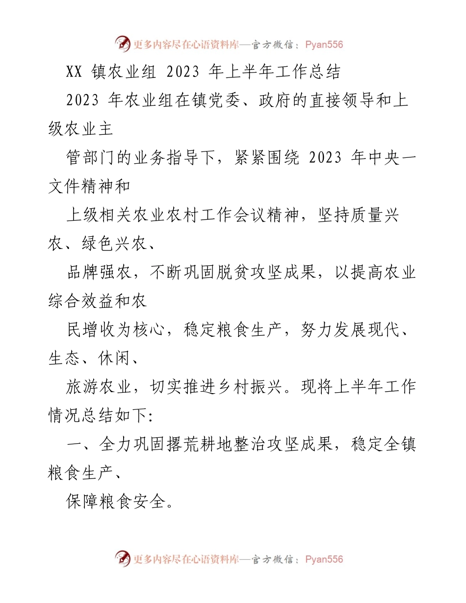 [工作总结] XX镇农业组 - 2023年上半年农业工作总结报告.docx_第1页