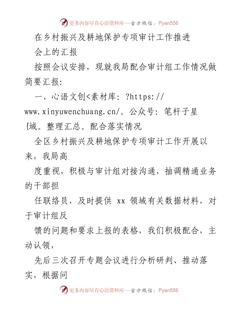 [工作总结] 乡村振兴及耕地保护专项审计工作推进会 - 审计配合工作汇报与整改计划.docx_第1页