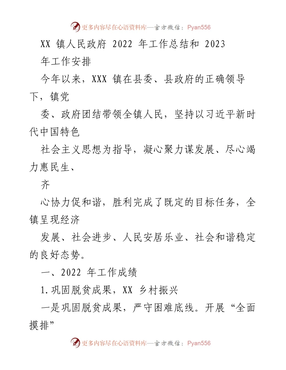 [工作总结] XX镇人民政府 - 2022年工作总结与2023年工作安排.docx_第1页