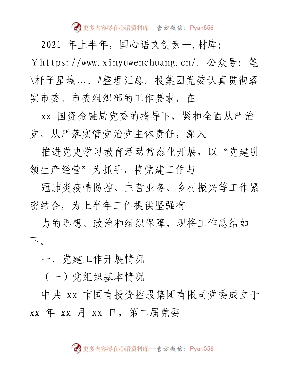 [工作总结] 上半年党建工作 - 2021年上半年国投集团党建工作总结.docx_第1页
