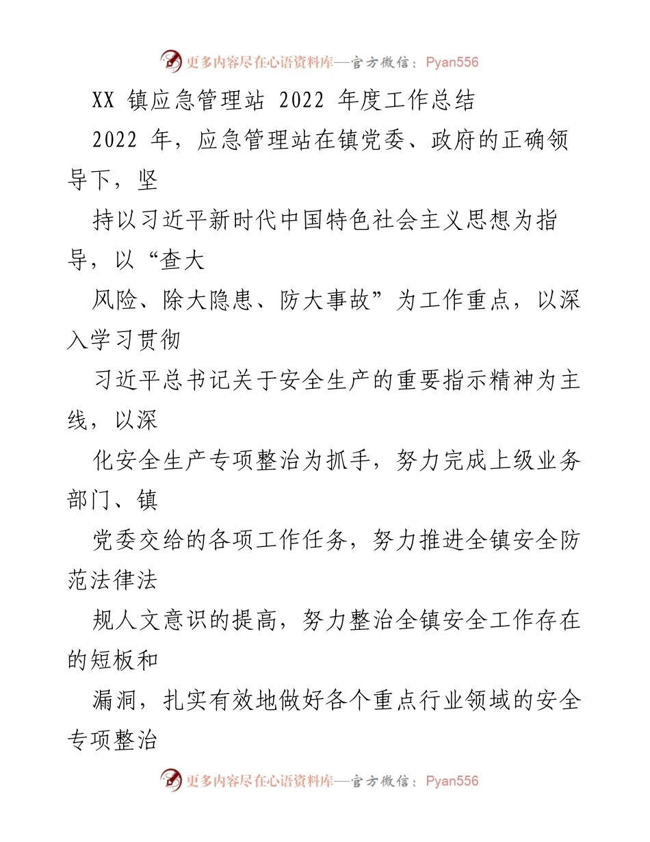 [工作总结] XX镇应急管理站 - 2022年度安全生产工作总结.docx_第1页
