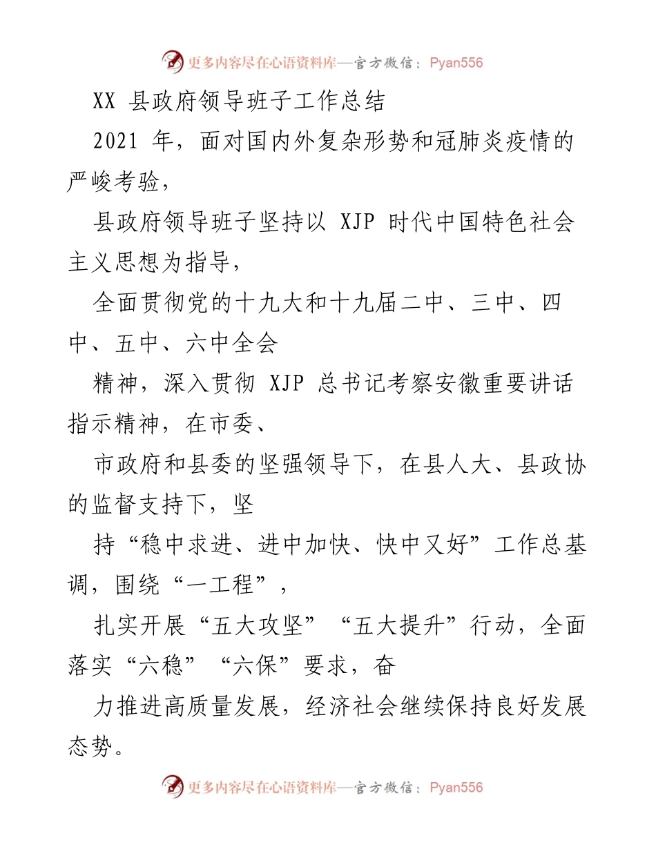 [工作总结] XX县政府 - 2021年县政府领导班子工作总结与发展成就.docx_第1页