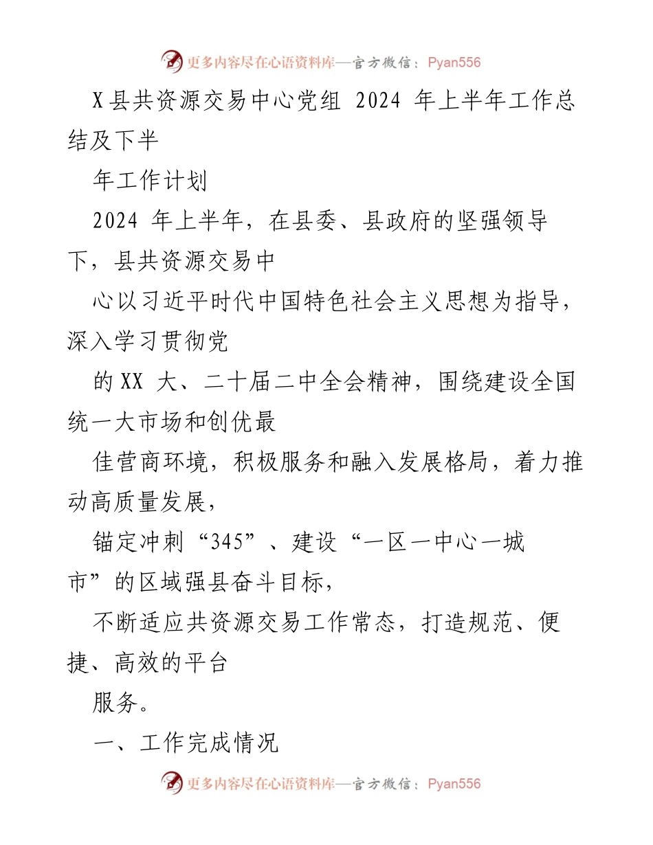 [工作总结] X县共资源交易中心 - 2024年上半年工作总结与下半年工作计划.docx_第1页