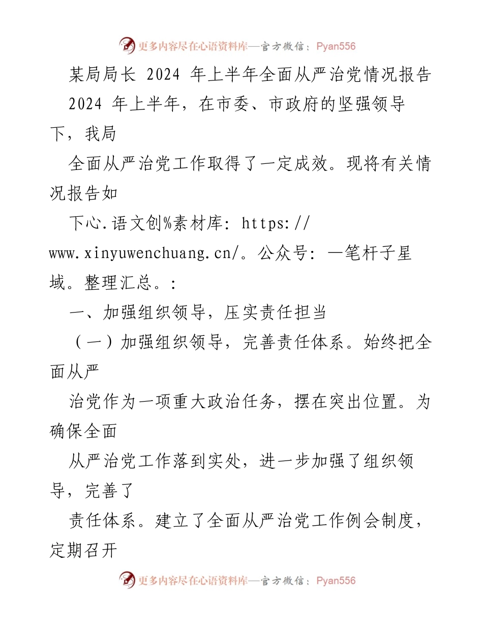 [工作总结] 2024年上半年 - 某局局长全面从严治党工作情况报告.docx_第1页