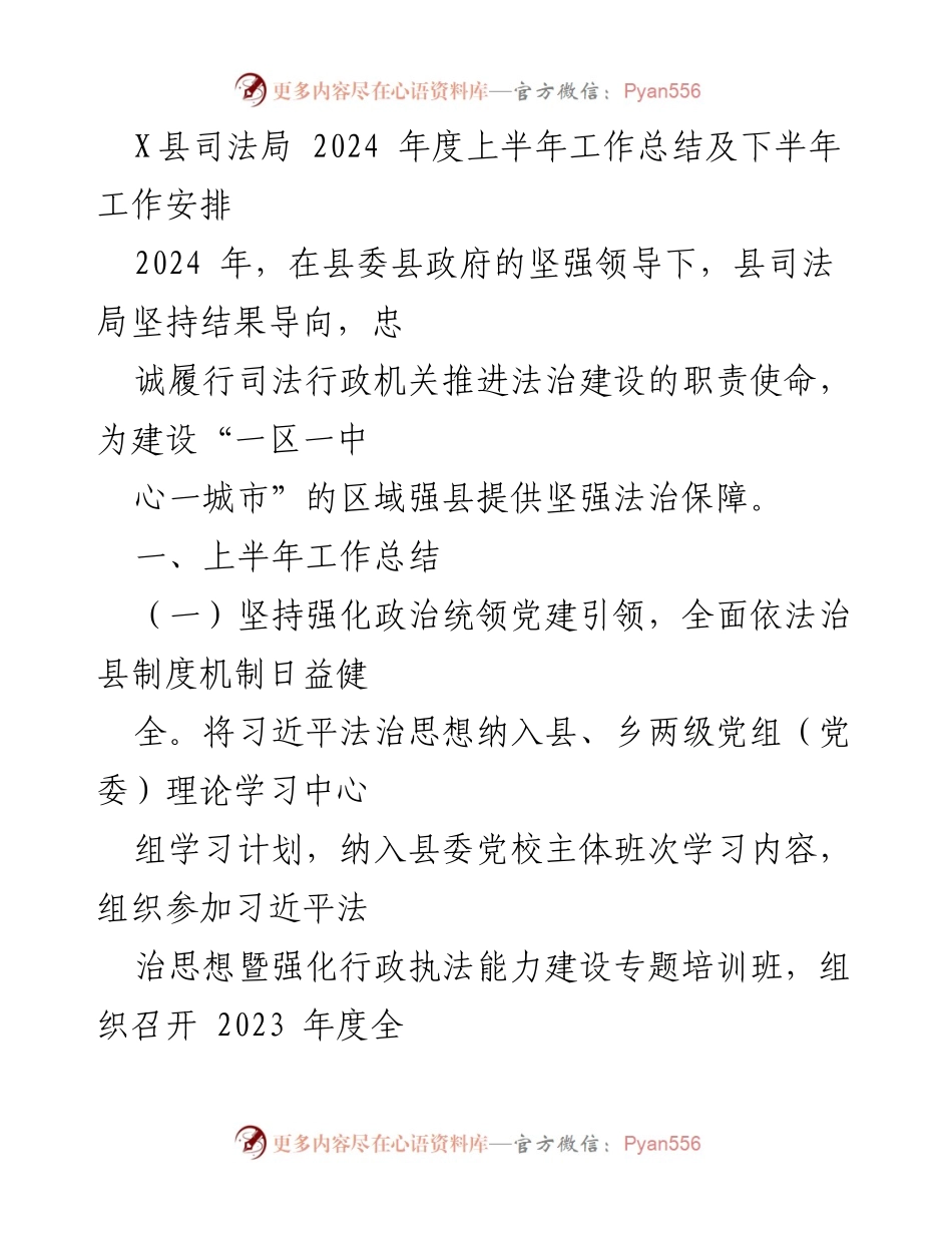 [工作总结] 2024年上半年 - X县司法局2024年度上半年工作总结及下半年工作安排.docx_第1页