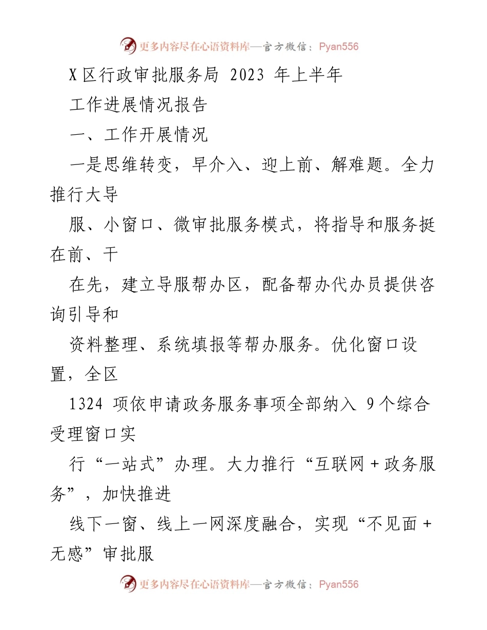 [工作总结] X区行政审批服务局 - 2023年上半年工作进展情况报告.docx_第1页