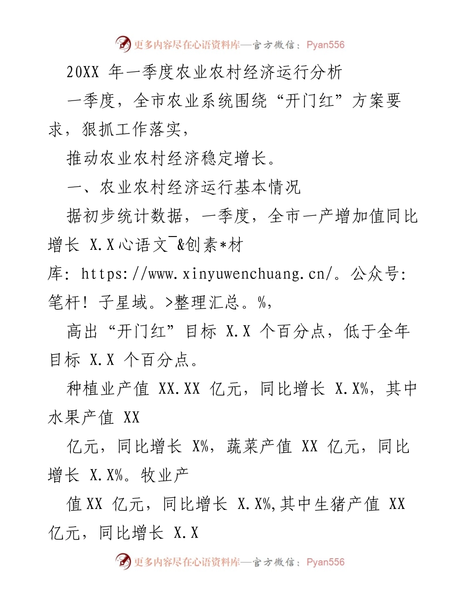 [工作总结] 一季度农业农村经济运行分析 - 20XX年一季度农业农村经济运行分析及发展情况.docx_第1页