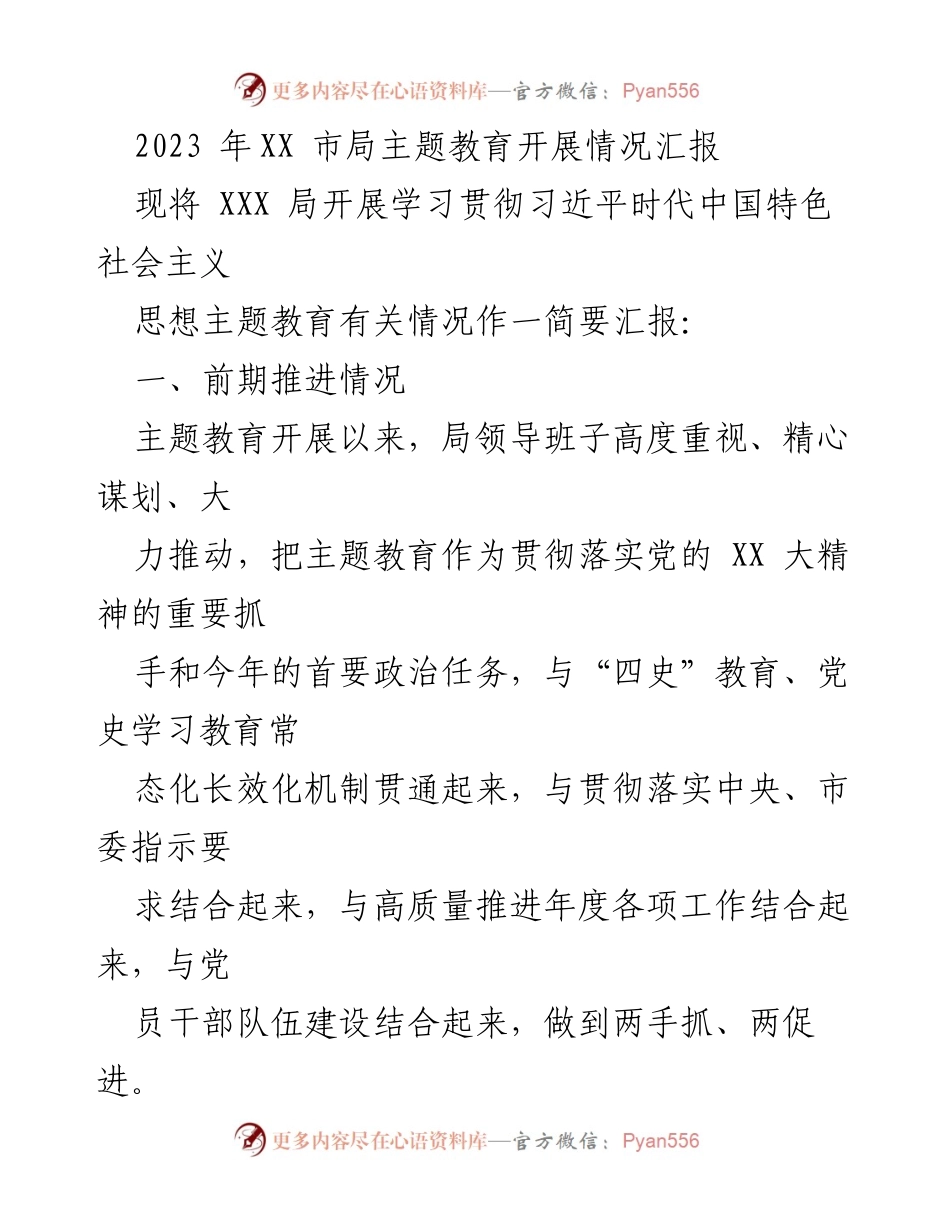 [工作总结] 主题教育 - 2023年XX市局主题教育开展情况汇报_1.docx_第1页