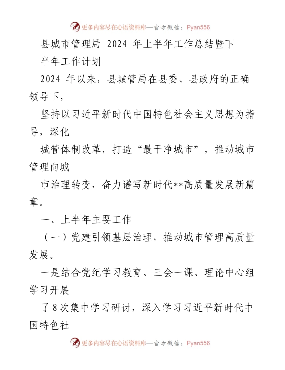 [工作总结] 上半年工作总结与下半年计划 - 县城市管理局2024年工作总结与计划.docx_第1页