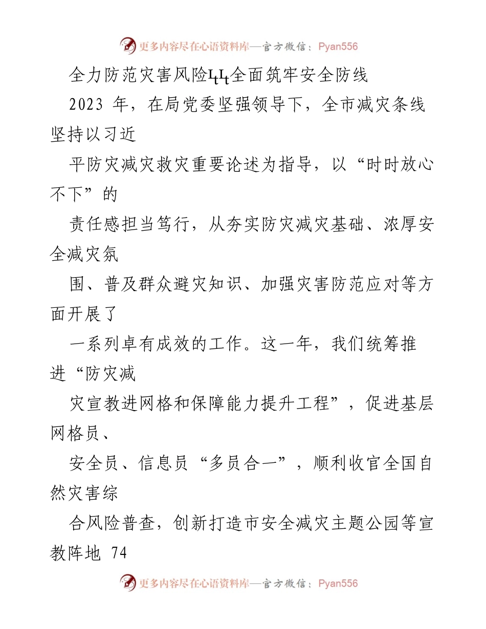 [工作总结] 2023年度减灾工作 - 全力防范灾害风险，筑牢安全防线.docx_第1页