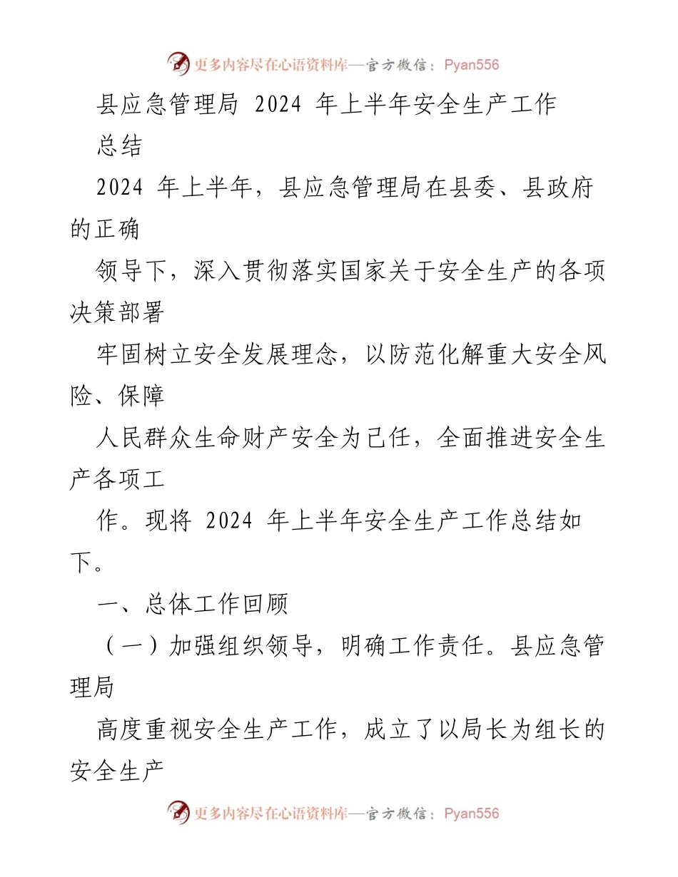 [工作总结] 上半年 - 县应急管理局2024年上半年安全生产工作总结.docx_第1页