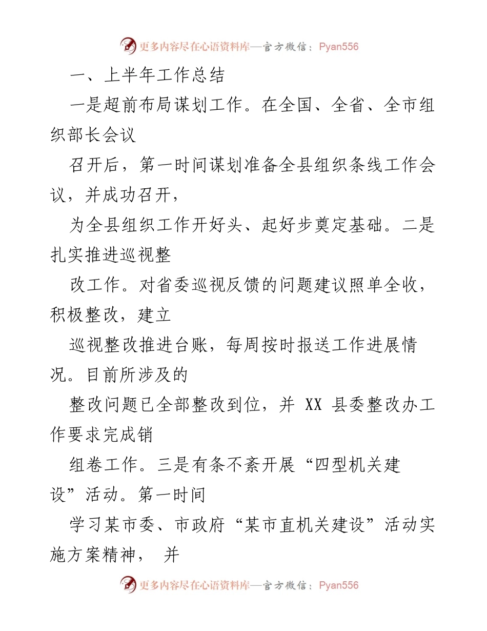 [工作总结] 上半年工作总结 - 上半年组织工作成效与整改措施总结.docx_第1页
