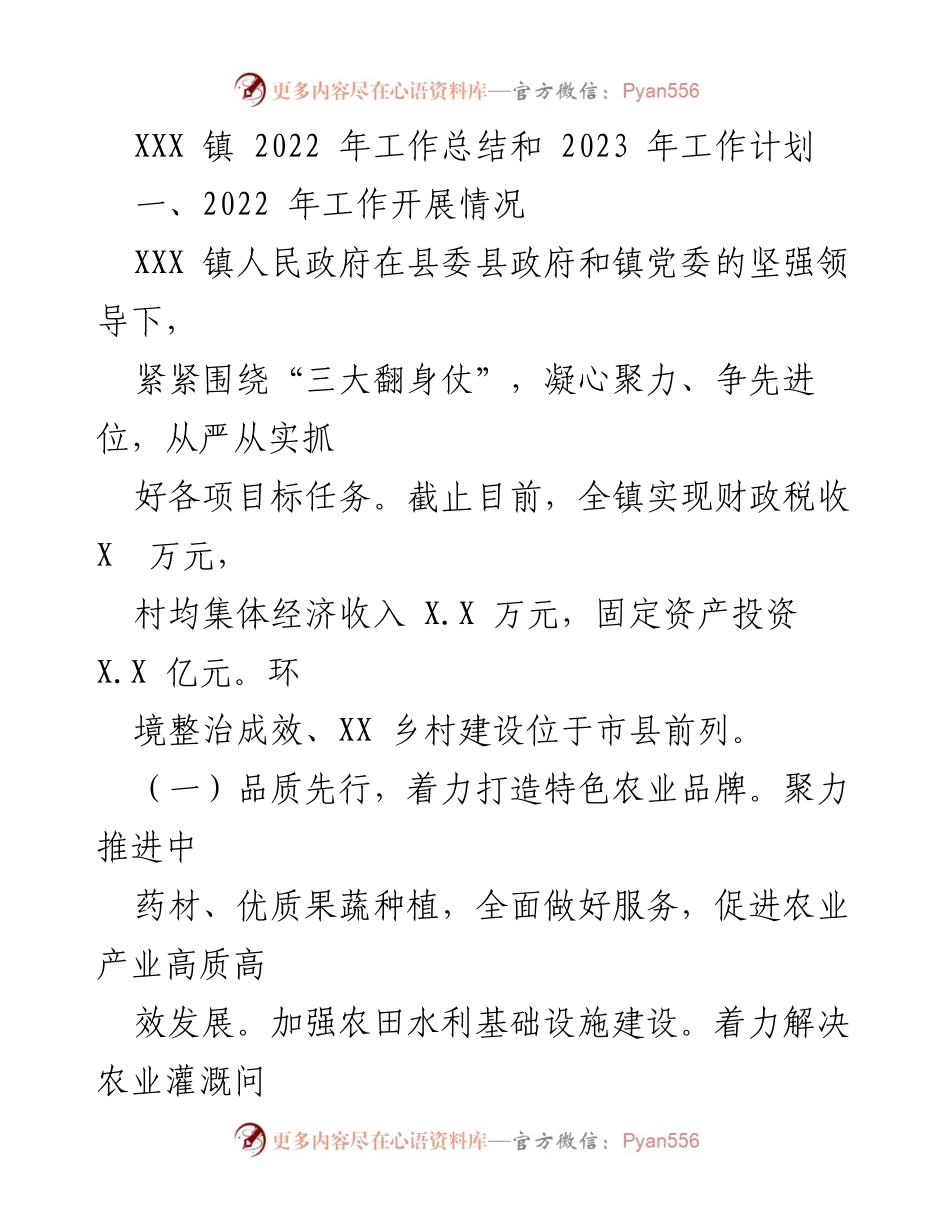 [工作总结] XXX 镇 - 2022年工作总结与2023年工作计划.docx_第1页
