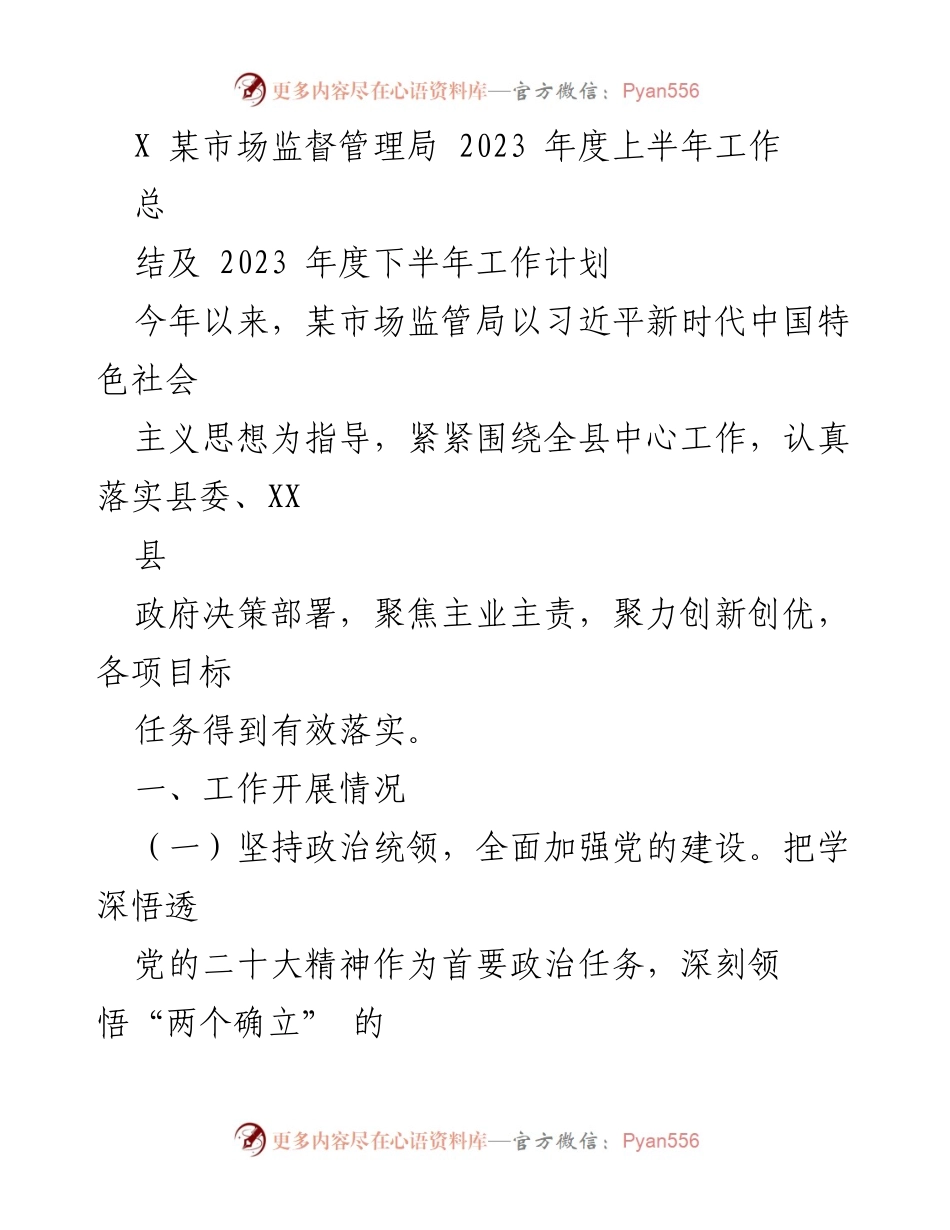 [工作总结] 2023年度上半年 - 某市场监督管理局2023年上半年工作总结与下半年工作计划.docx_第1页