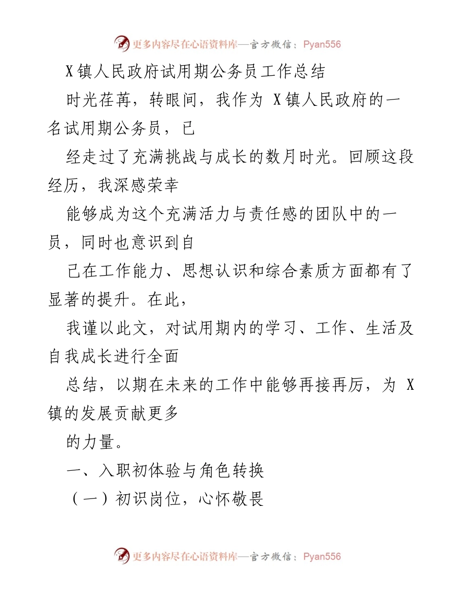 [工作总结] X镇人民政府 - 试用期公务员成长与成就总结.docx_第1页