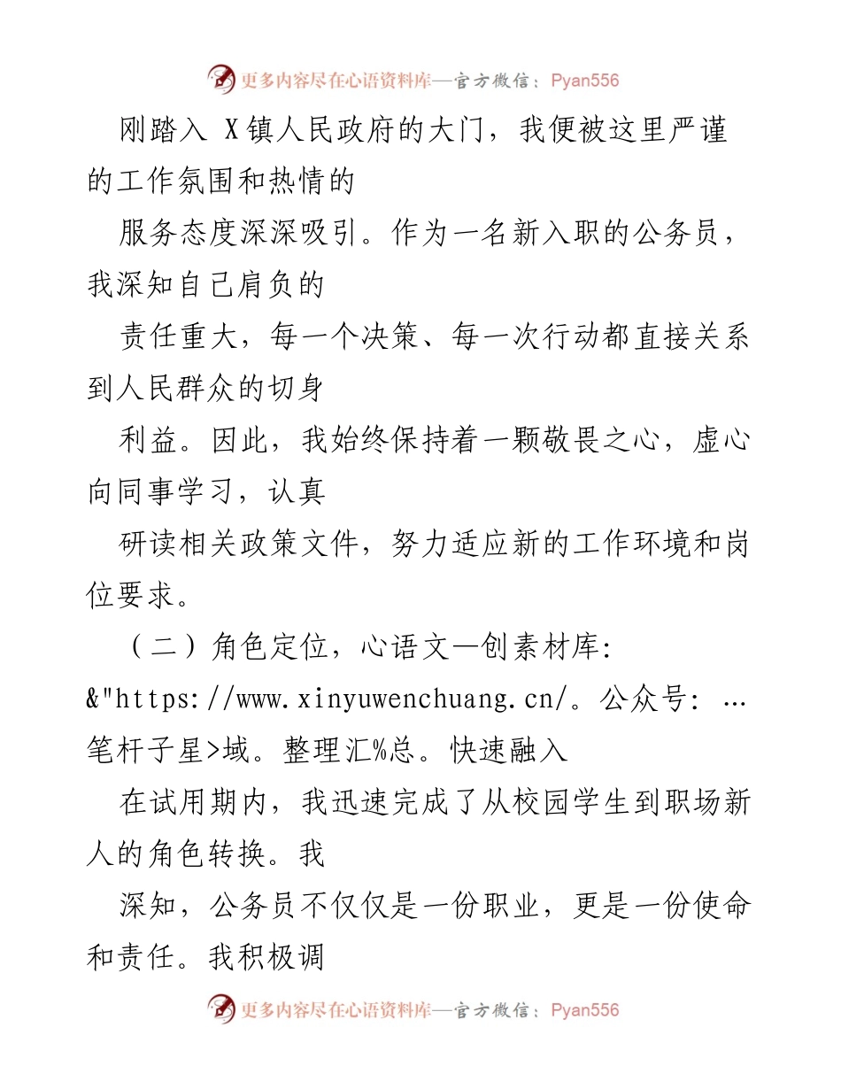 [工作总结] X镇人民政府 - 试用期公务员成长与成就总结.docx_第2页