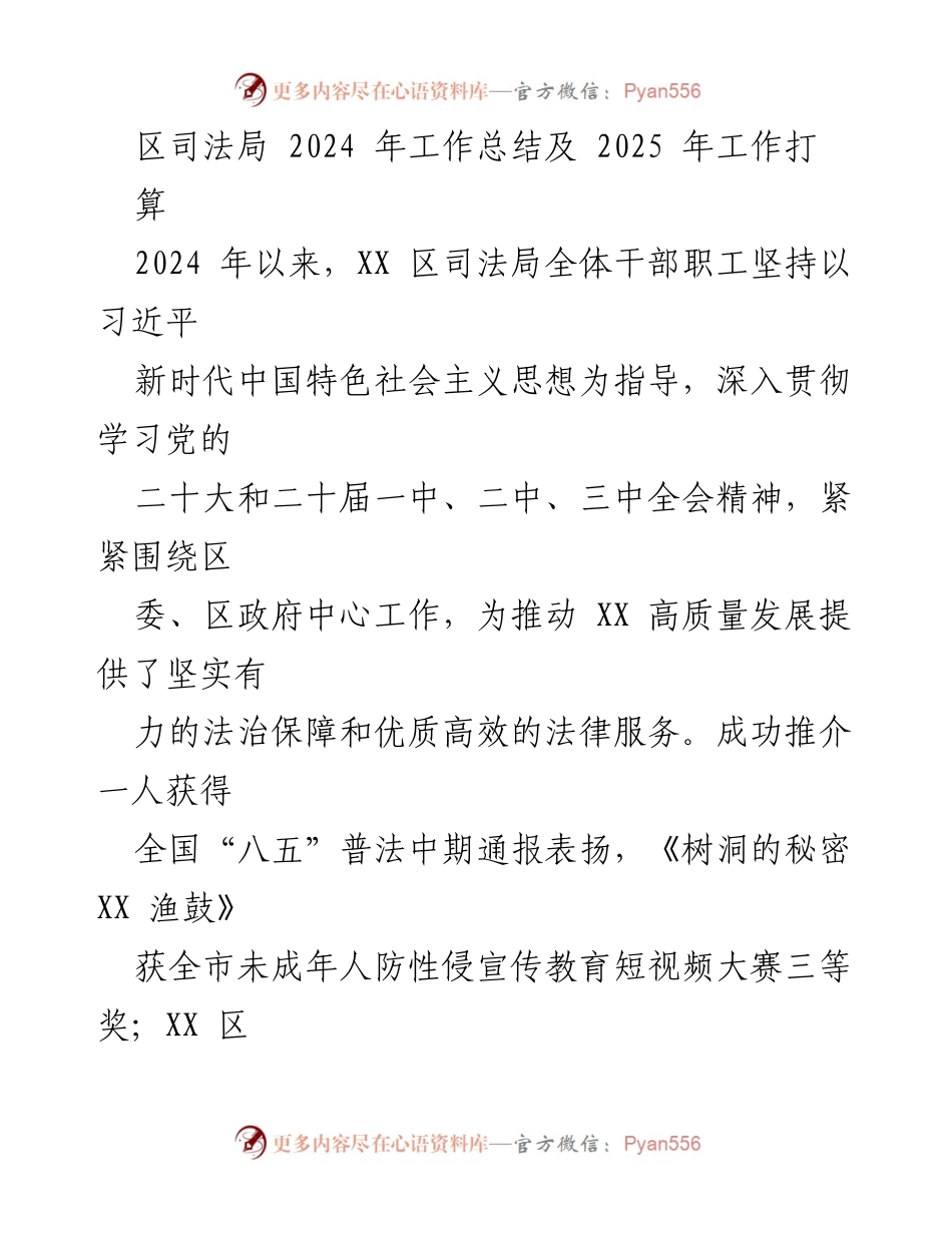 [工作总结] 2024年度 - XX区司法局2024年工作总结及2025年工作计划.docx_第1页