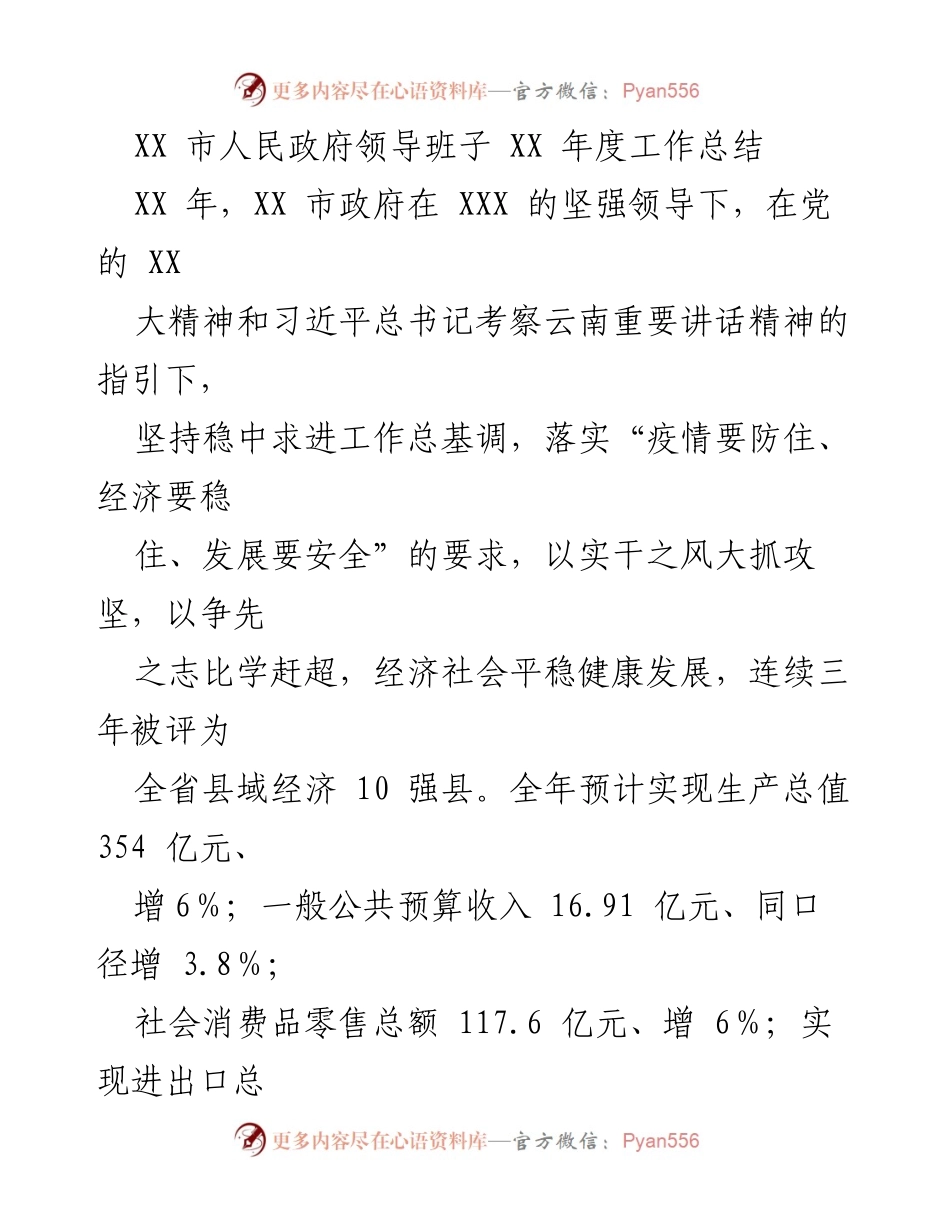[工作总结] XX 市人民政府 - XX 年度工作总结与经济社会发展报告.docx_第1页
