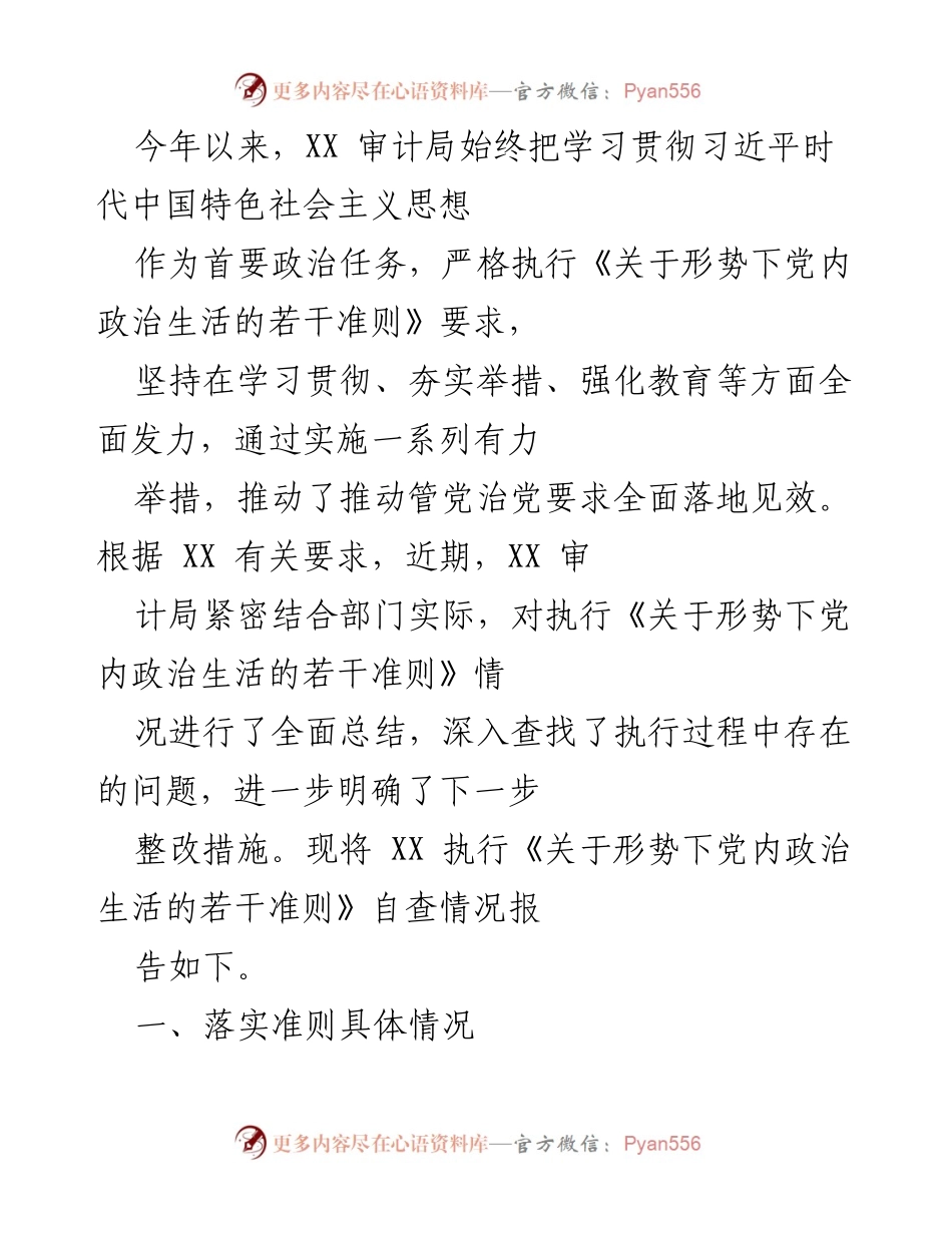 [工作总结] XX审计局 - 《关于形势下党内政治生活的若干准则》执行情况总结报告.docx_第1页