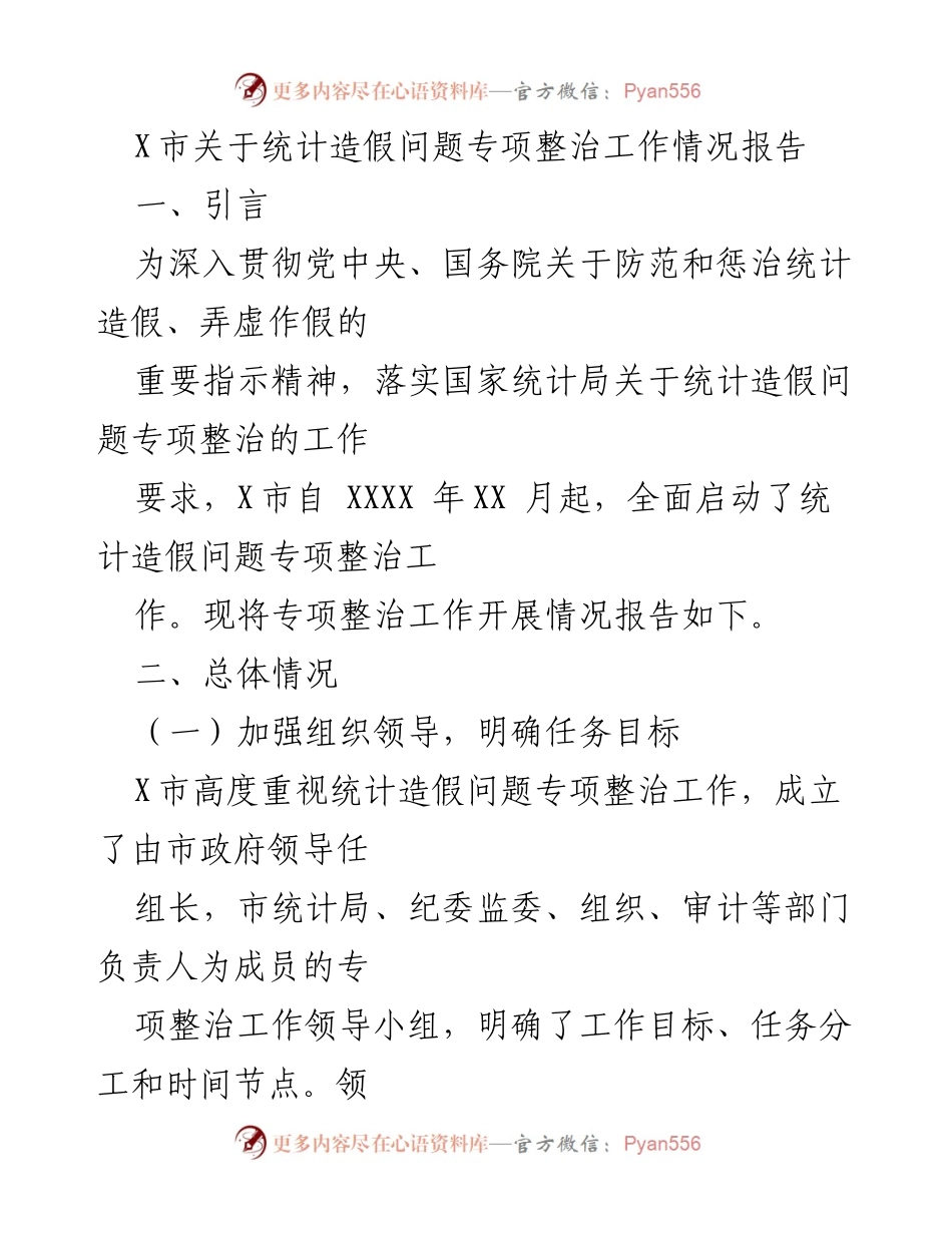 [工作总结] X市统计造假专项整治 - X市统计造假问题专项整治工作情况报告.docx_第1页