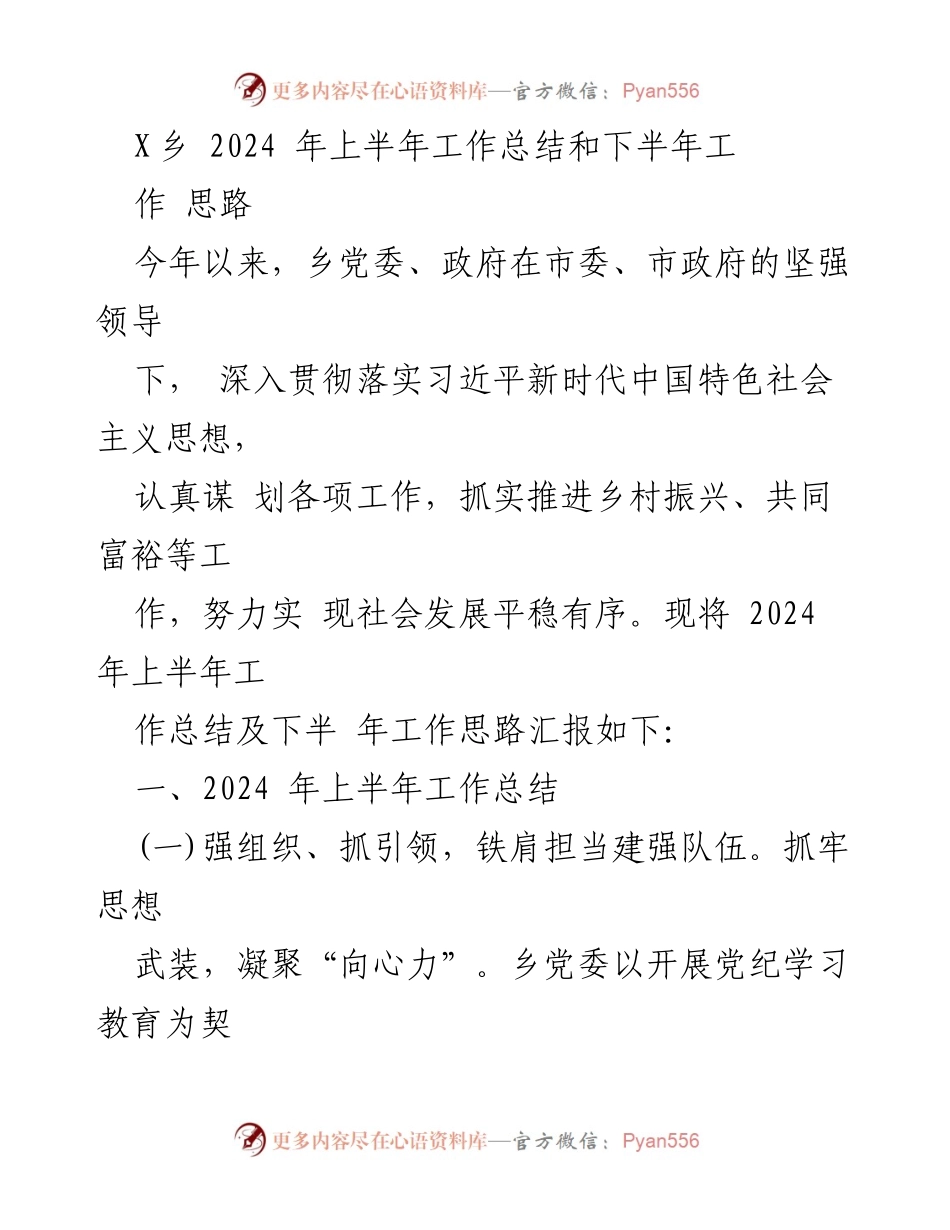 [工作总结] 乡镇工作会议 - 2024年上半年工作总结与下半年发展思路_1.docx_第1页
