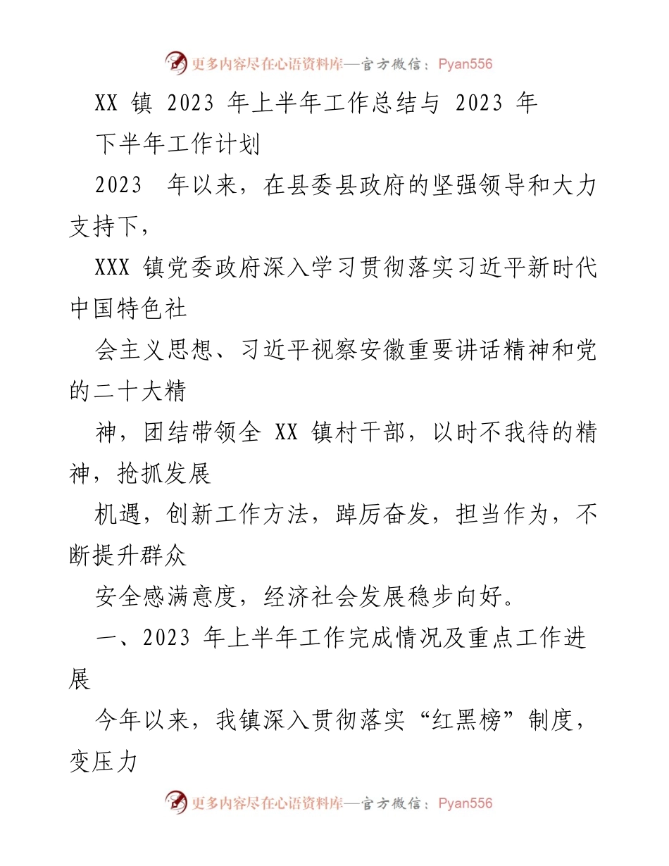 [工作总结] XX 镇 - 2023 年上半年工作总结与下半年工作计划.docx_第1页