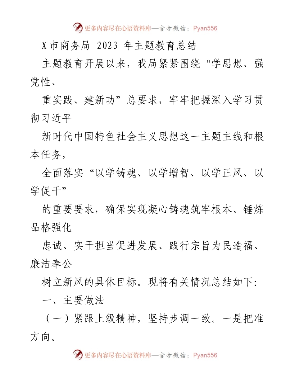 [工作总结] 主题教育 - X市商务局2023年主题教育活动总结报告.docx_第1页
