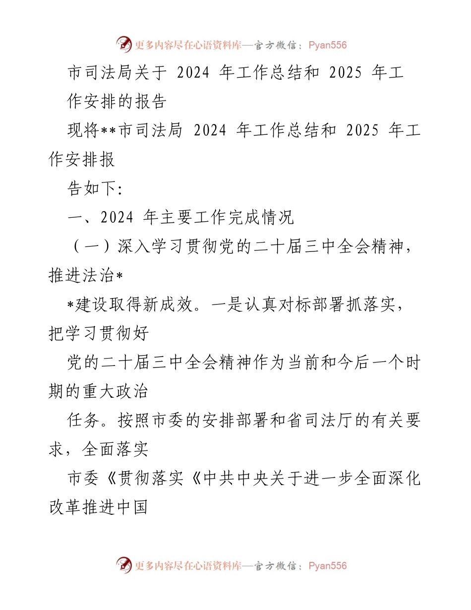 [工作总结] 2024年工作总结与2025年工作安排 - 市司法局2024年工作总结及2025年工作安排报告.docx_第1页