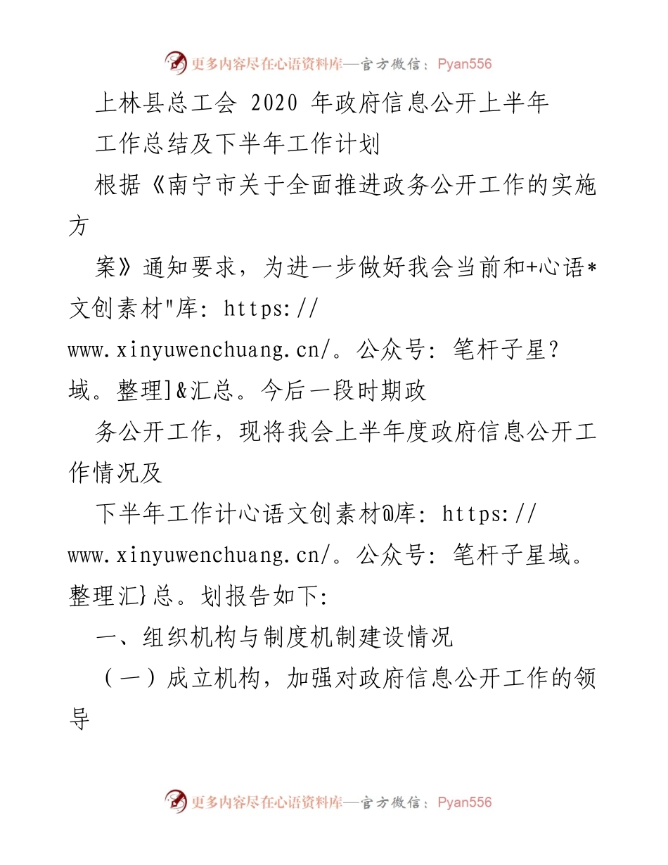 [工作总结] 上林县总工会 - 2020年上半年政府信息公开工作总结及下半年计划.docx_第1页