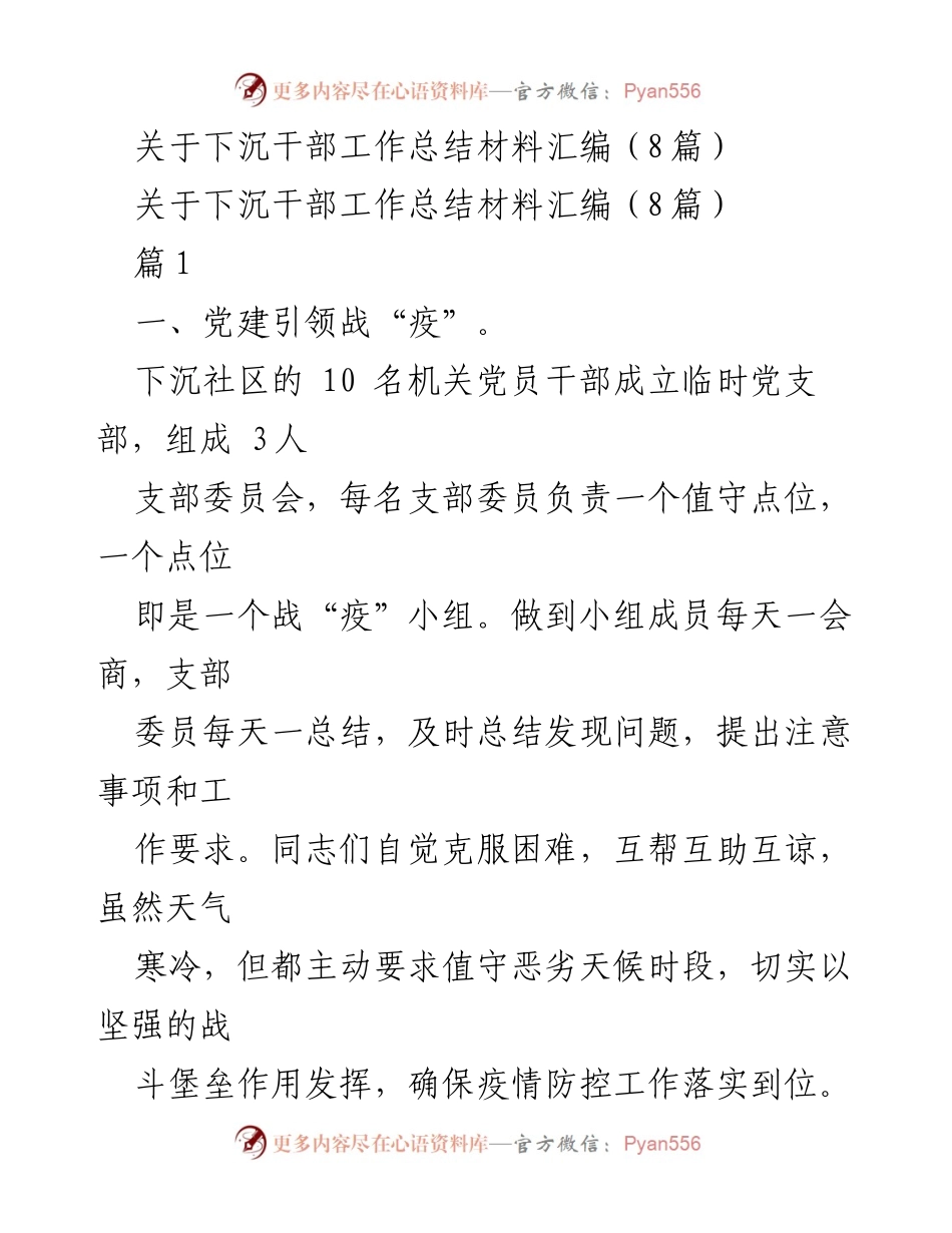 [工作总结] 下沉干部工作总结 - 疫情防控中的下沉干部工作总结与经验分享.docx_第1页