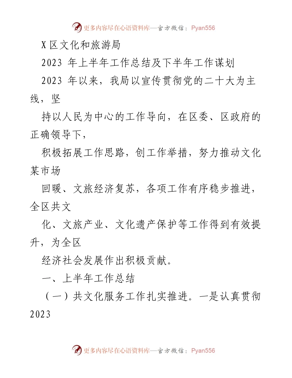[工作总结] 上半年工作回顾 - 2023年X区文化和旅游局上半年工作总结与下半年规划.docx_第1页