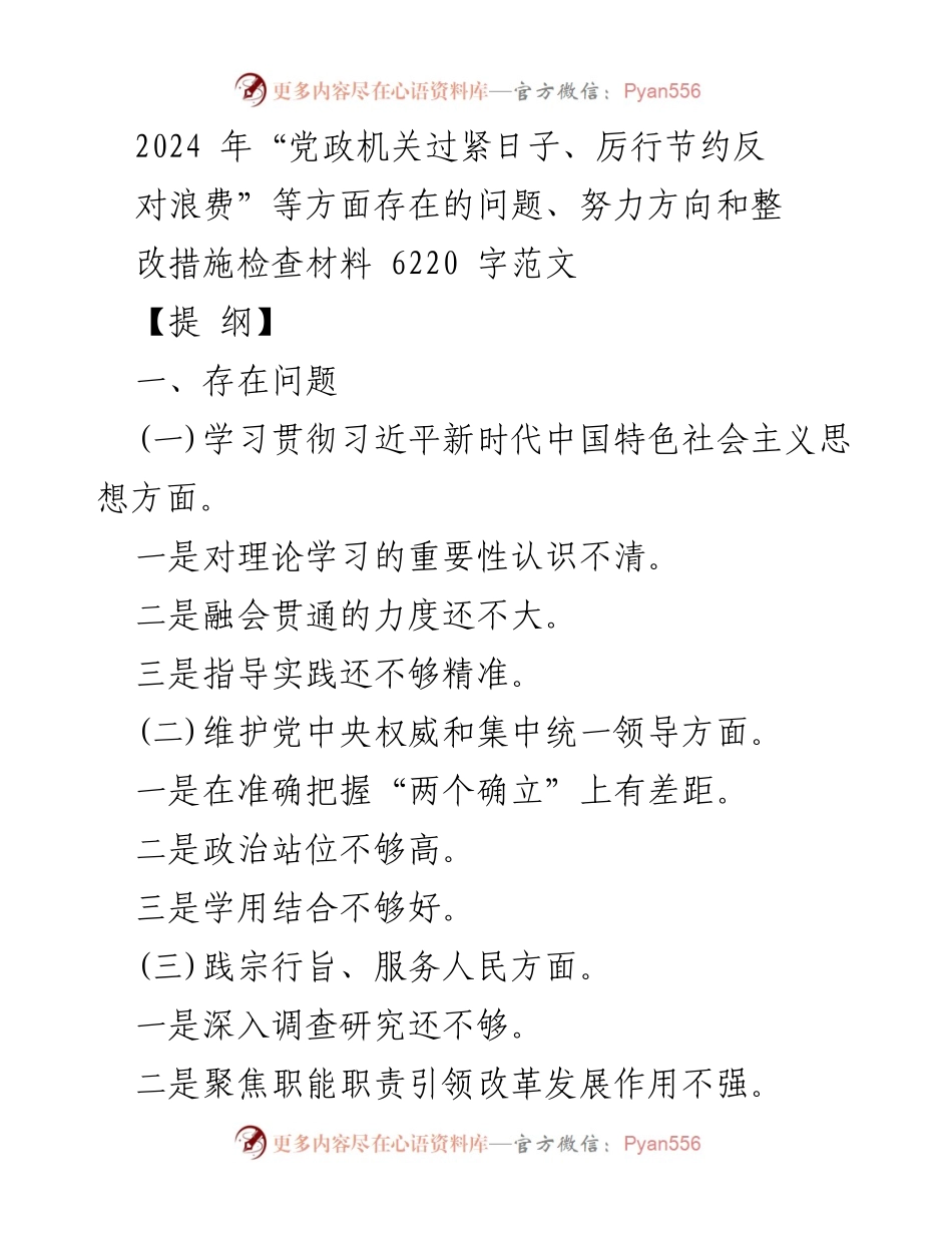 [工作总结] 专题民主生活会 - 2024年党政机关厉行节约与反对浪费的整改措施与问题分析.docx_第1页