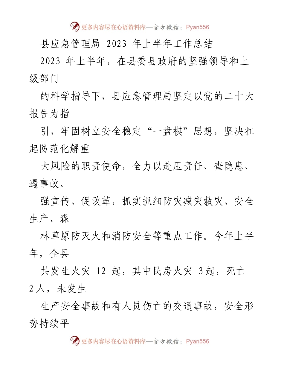 [工作总结] 上半年 - 县应急管理局2023年上半年安全生产工作总结.docx_第1页