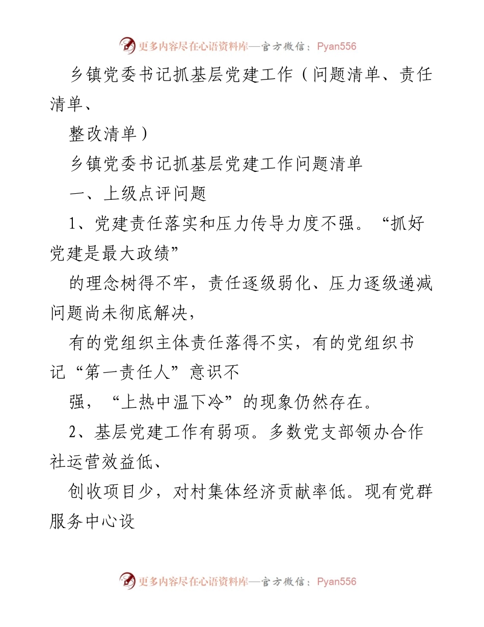 [工作总结] 乡镇党委会议 - 乡镇党委书记抓基层党建工作问题与责任清单.docx_第1页