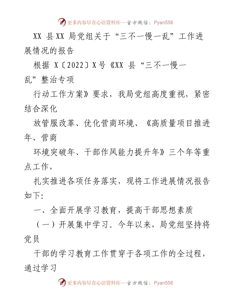 [工作总结] XX县XX局 - “三不一慢一乱”专项整治工作进展报告.docx_第1页