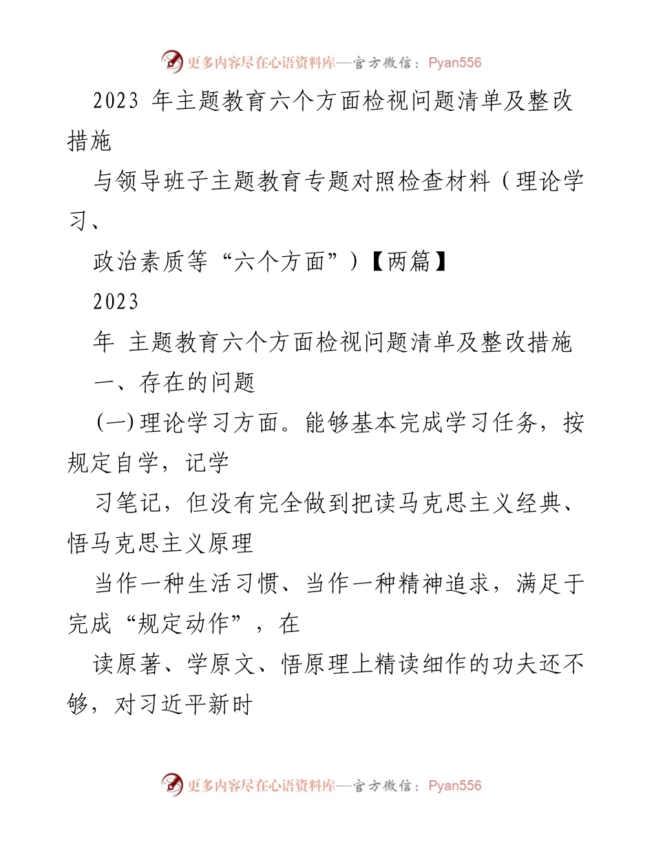 [工作总结] 主题教育 - 2023年主题教育六个方面问题检视与整改措施.docx_第1页