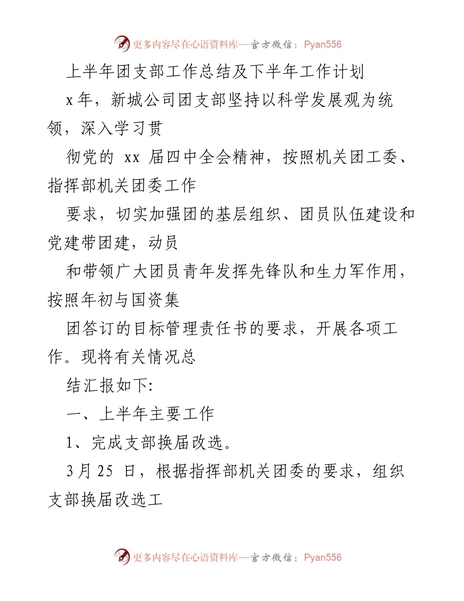 [工作总结] 上半年团支部工作 - 新城公司团支部2023年上半年工作总结及下半年计划.docx_第1页
